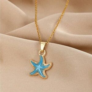 Gold and Blue Starfish Pendant Necklace